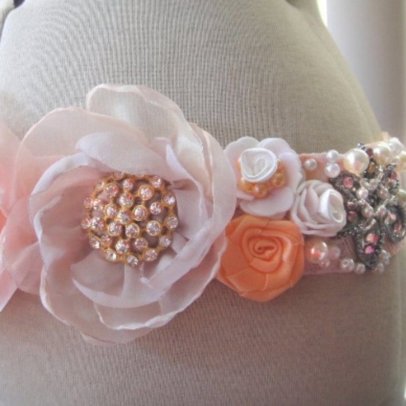 Bridal Sash Salmon Pink Beige Flowers New Size XXL